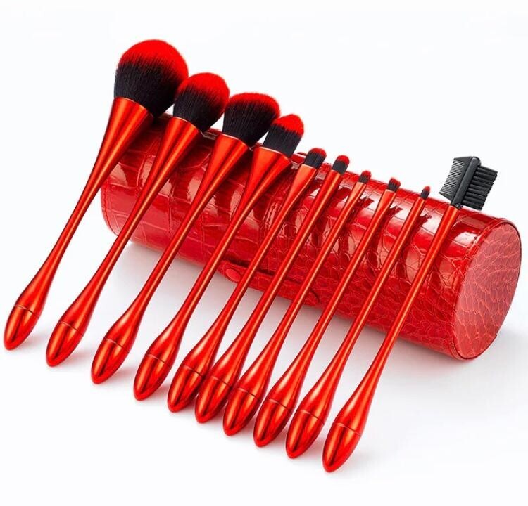 Makeup Brush Set with Red Tubus Case - 10 Professional Cosmetic Brushes