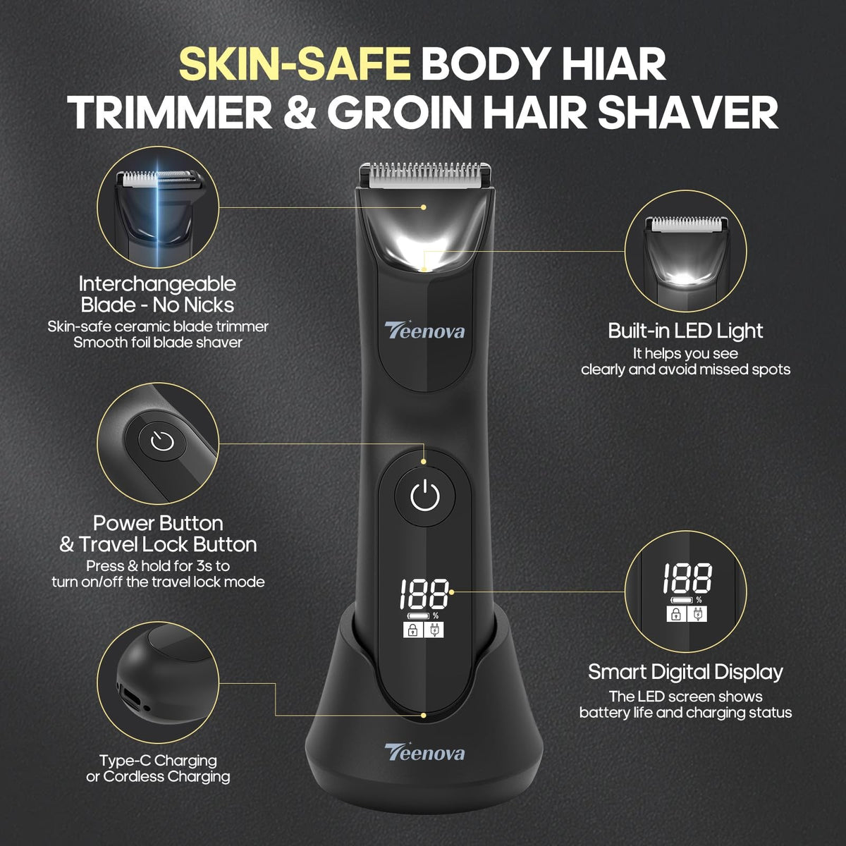 Men's Body Hair Trimmer with 3-in-1 Ceramic Blade & Waterproof Design