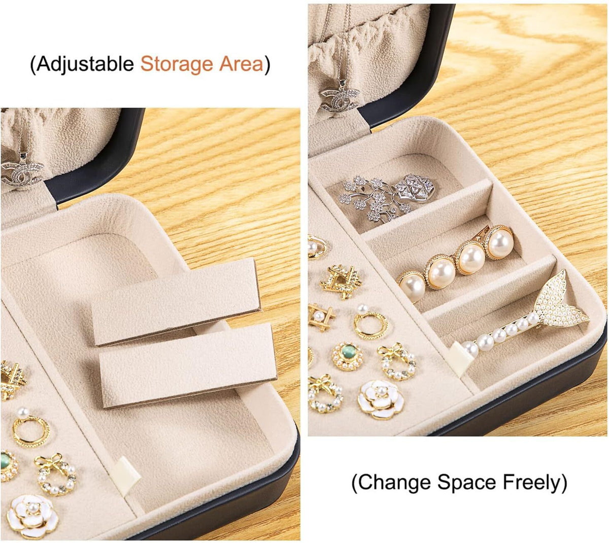 Small Jewelry Box for Women with 3 Compartments Dark Blue Leather Velvet