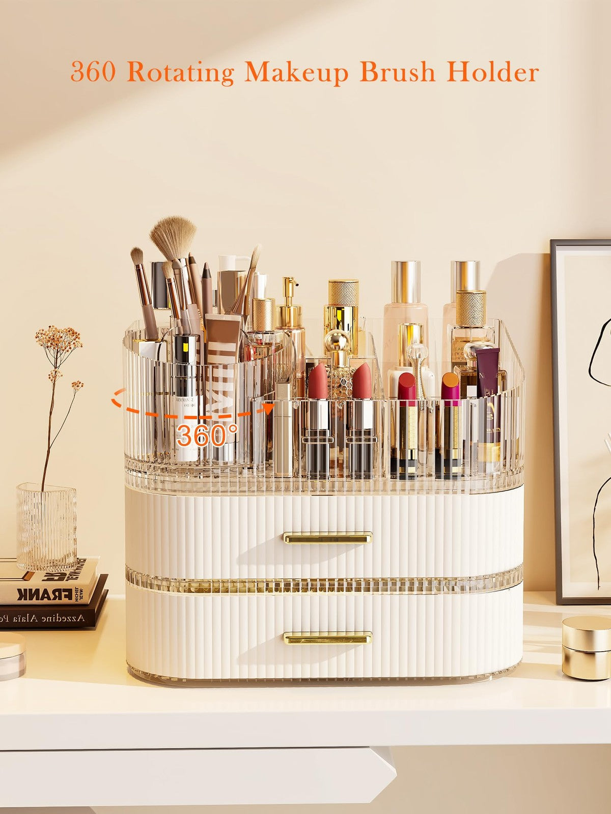 Stackable Makeup Organizer with Rotating Brush Holder and Large Display Case