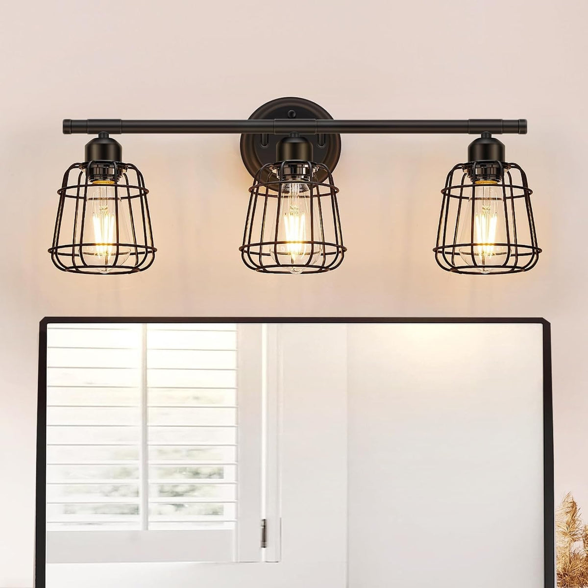 3-Light Matte Black Bathroom Vanity Light Fixture with Cage - Farmhouse Wall Sconce