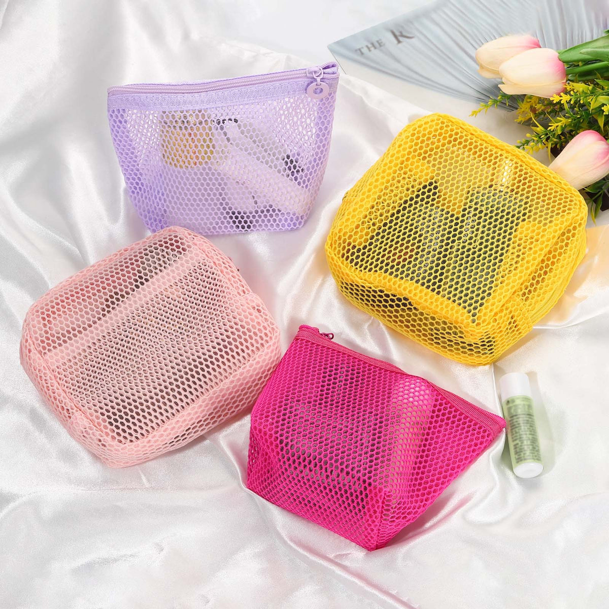 Mesh Makeup Bag - Square Travel Toiletry Organizer with Zipper, Yellow