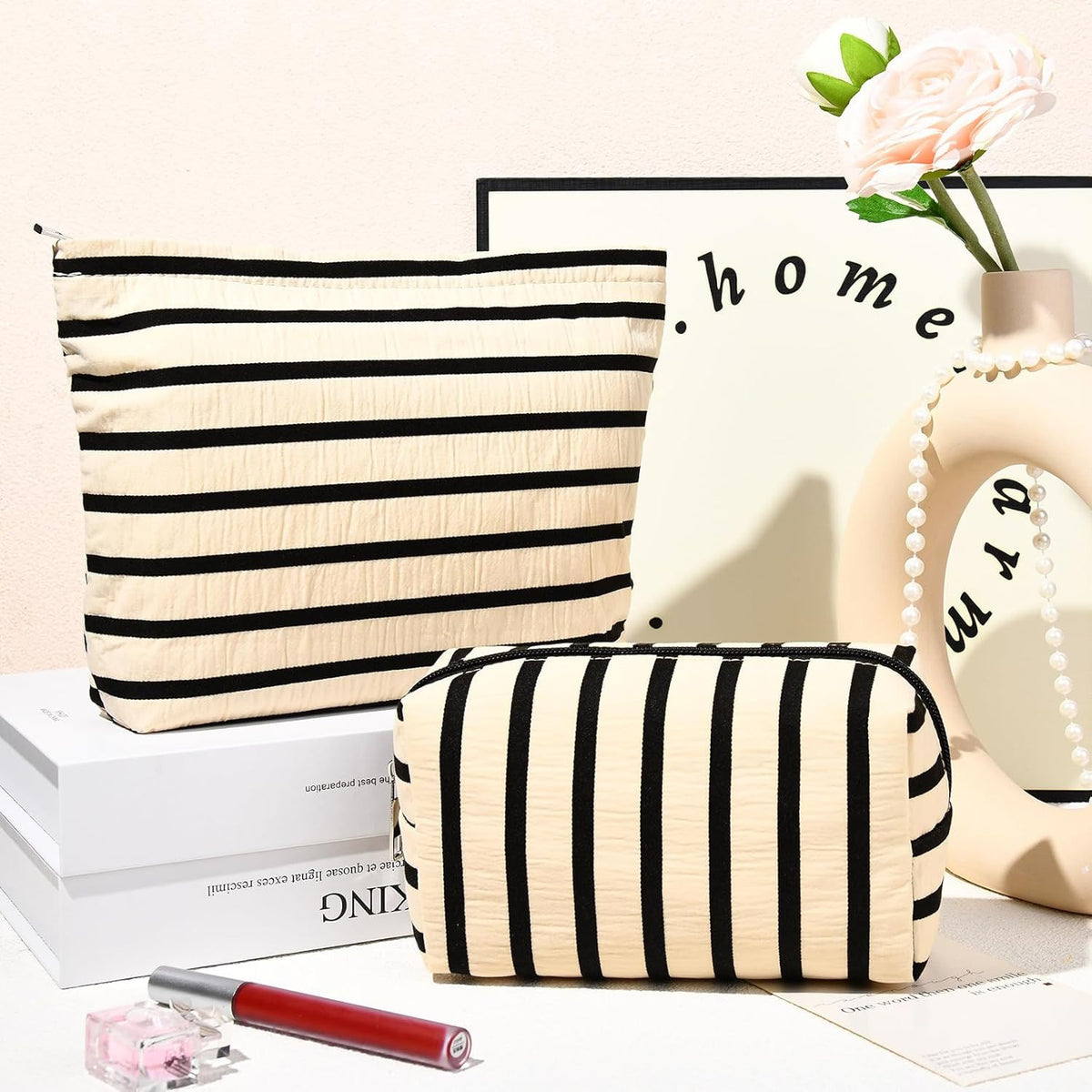 Large Stripe Makeup Bag Set - Travel Cosmetic Organizer, Waterproof Canvas
