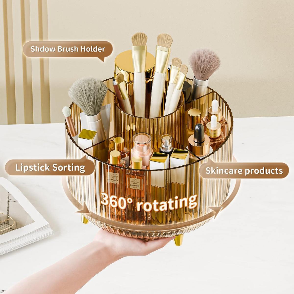 360° Rotating Makeup Brush Holder Organizer with Clear Amber Finish