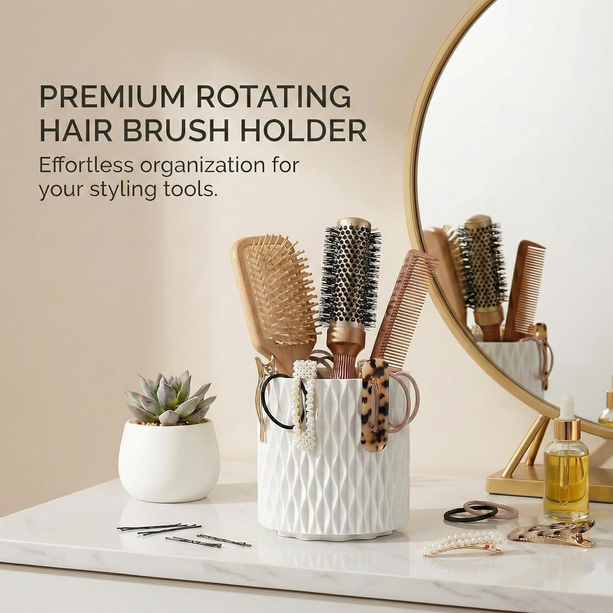 White Rotating Makeup Brush Organizer with 5 Compartments | Vanity & Desk Storage