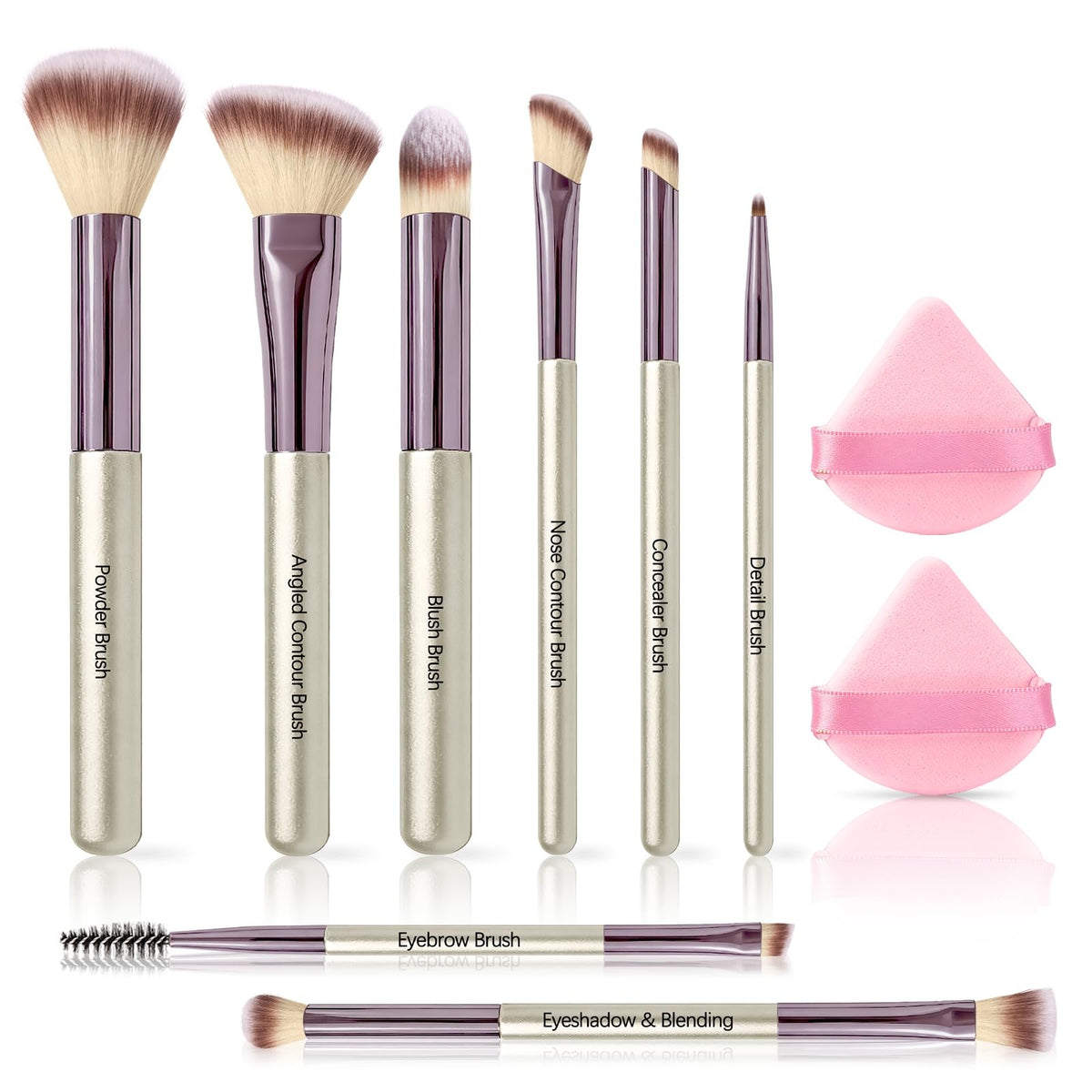 Makeup Brush Set 10 Pcs Premium Synthetic Brushes with 2 Puffs