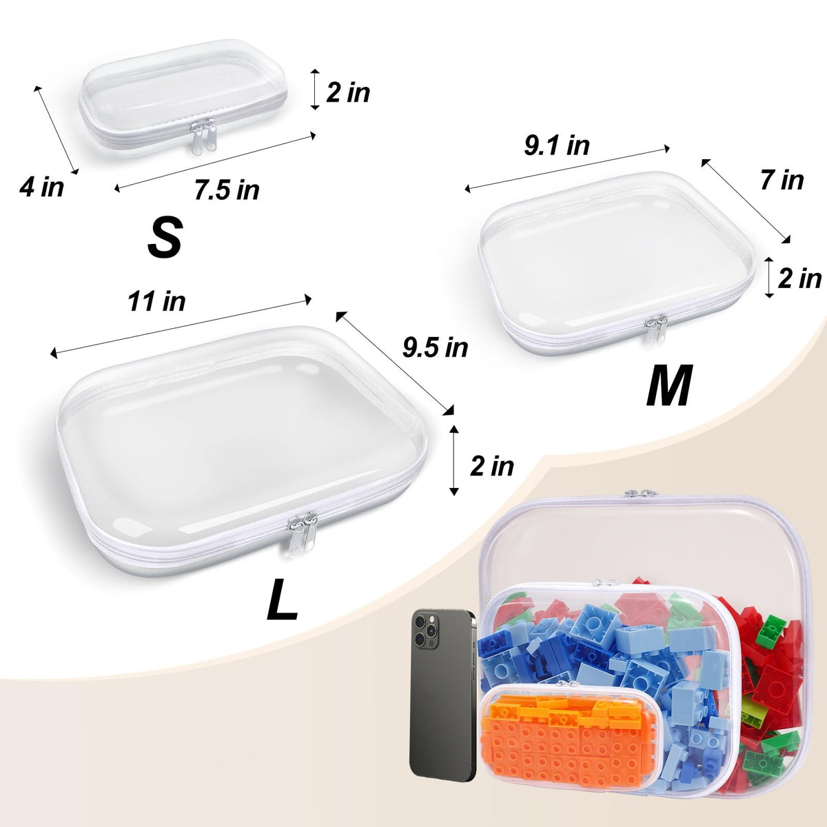 6 Pack Clear Hard Plastic Zipper Cases - Transparent Travel & Storage Pouches