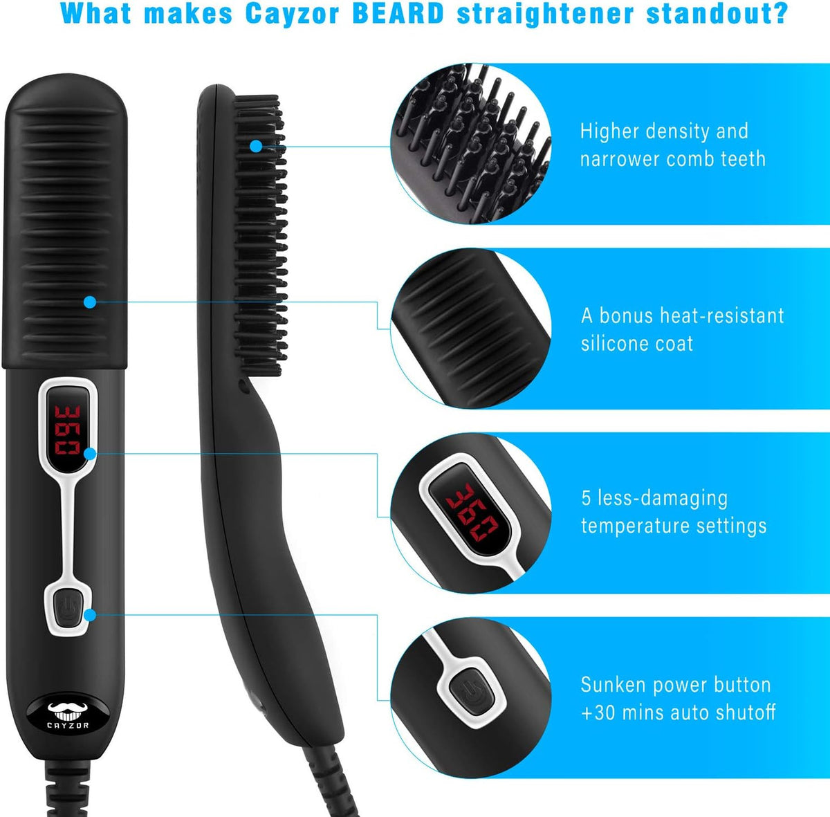 Electric Beard Straightener Comb for Men - Portable Heated Styling Brush with LCD