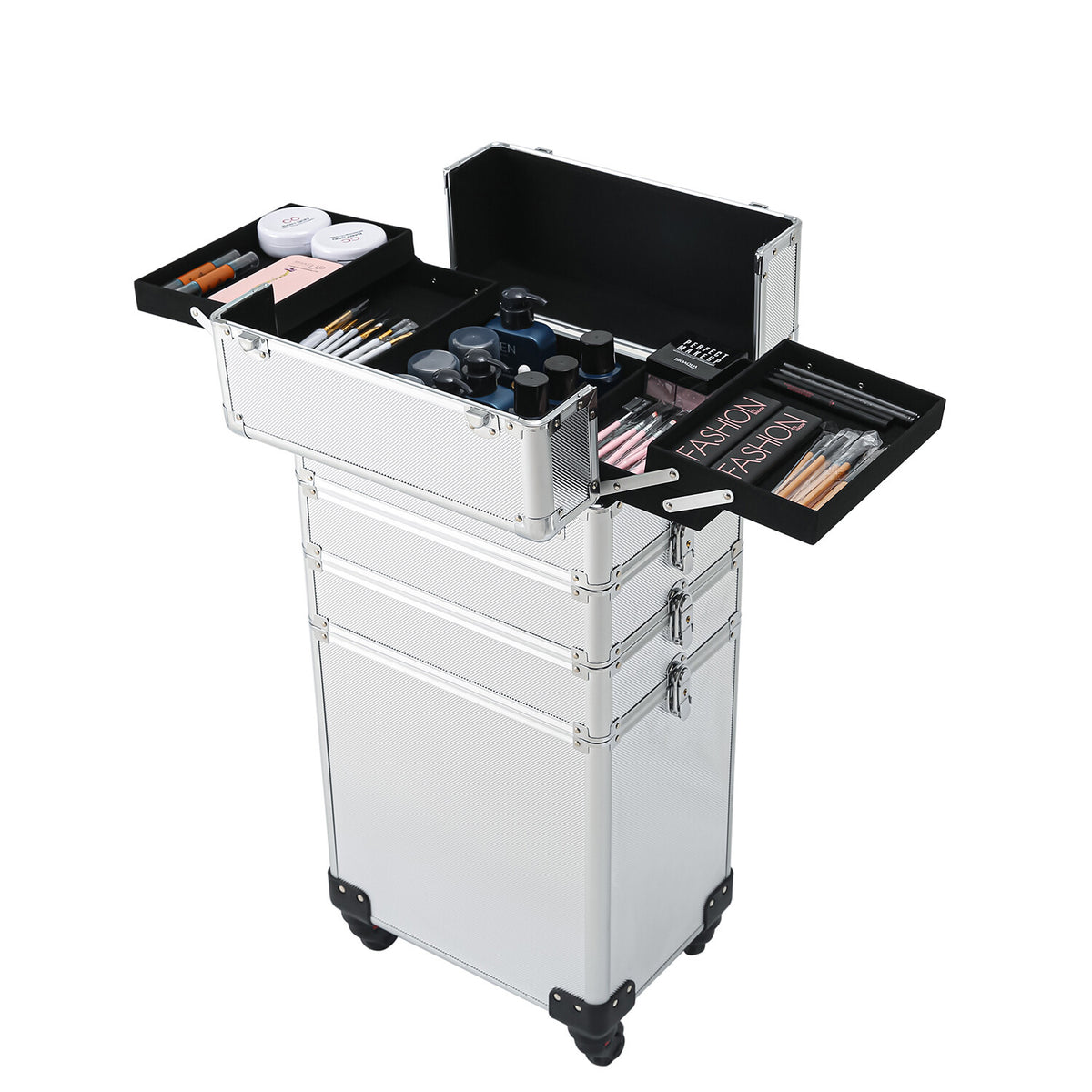 4-in-1 Aluminum Rolling Makeup Case with Draw-Bar Interchangeable Compartments