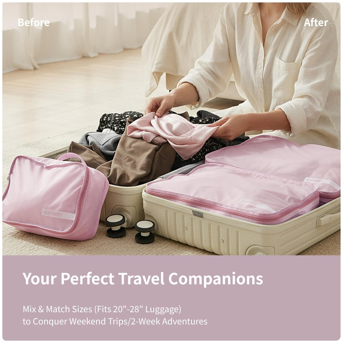 Travel Packing Cubes Set – 5 Durable Nylon Luggage Organizers in Mauve Pink