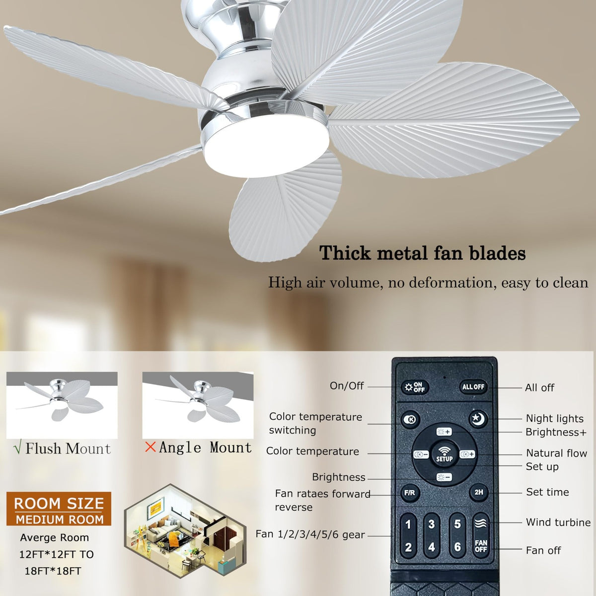 38-Inch Modern Ceiling Fan with Light and Remote Control, Reversible Blades