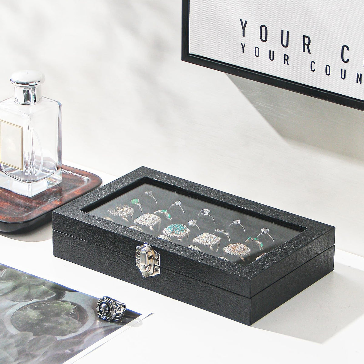Jewelry Ring Organizer Box with 30 Slots, Clear Glass Lid, Portable Black Velvet Storage