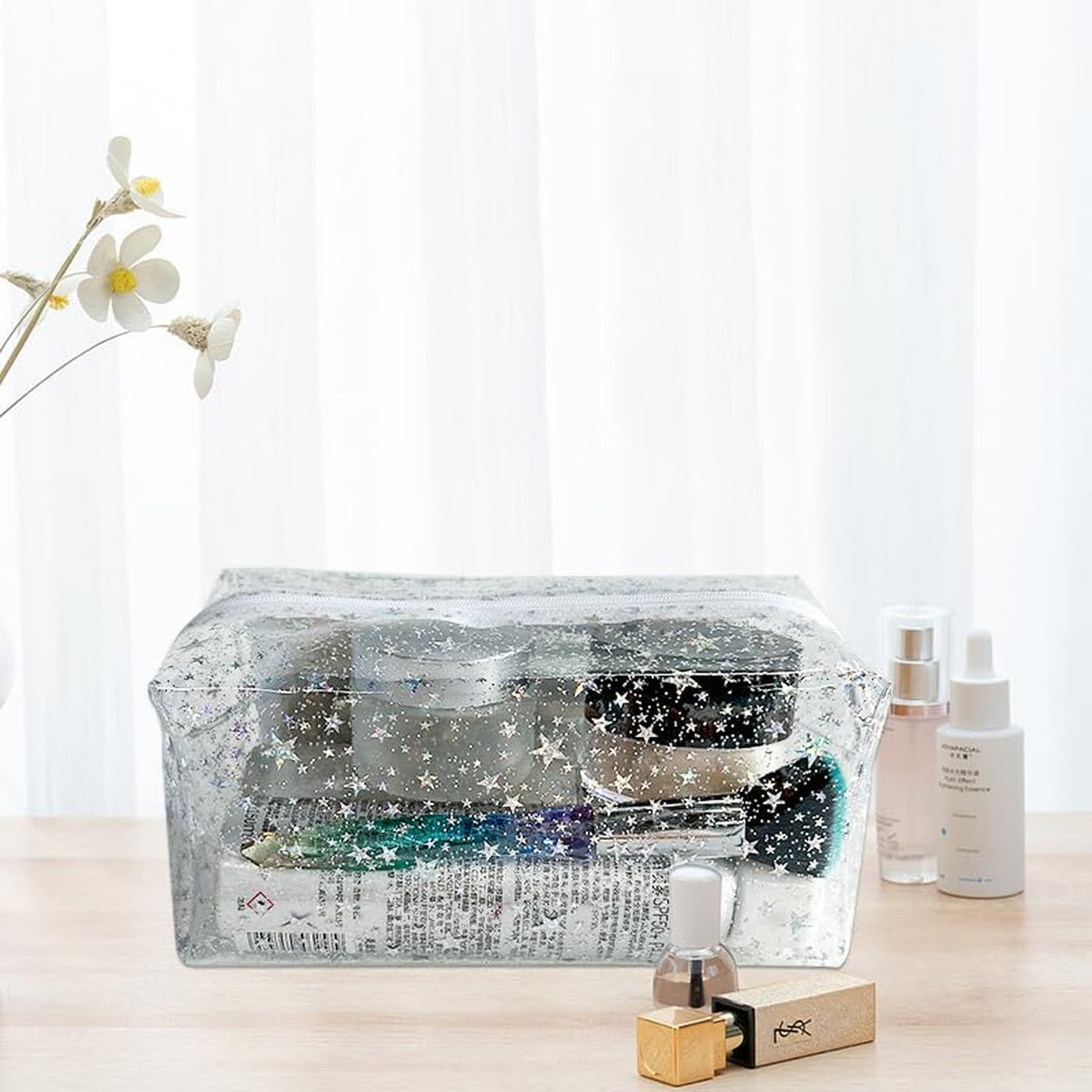 Clear Waterproof Makeup Bag with Star Pattern - Travel Toiletry Organizer for Women & Girls