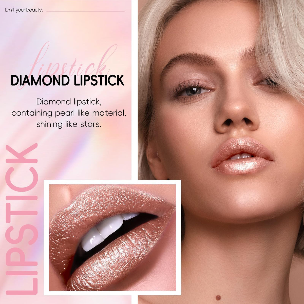 Metallic Champagne Glitter Lipstick - Shimmer, High Pigmentation, 0.12 oz