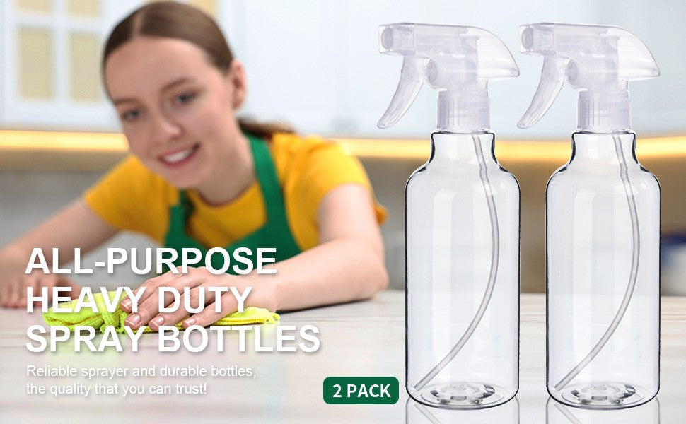 Heavy Duty Plastic Spray Bottles 16.9oz 2-Pack with Mist & Stream Modes