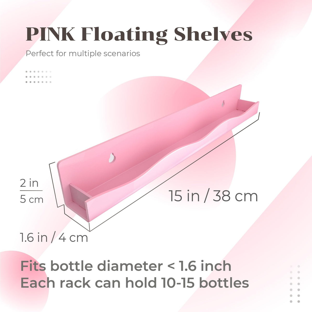 Pink Wall Mounted Nail Polish Shelf 15 Inch Holds 66-90 Bottles Organizer