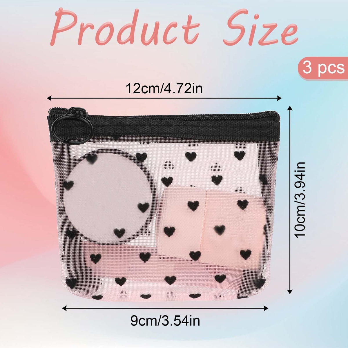 Mini Mesh Cosmetic Bags Set of 3 - Heart Print Travel Makeup Organizer