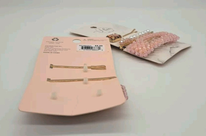 Hive And Co. Pink Beaded Barrette Pearl Bobby Pin Jewel 2 PACKS