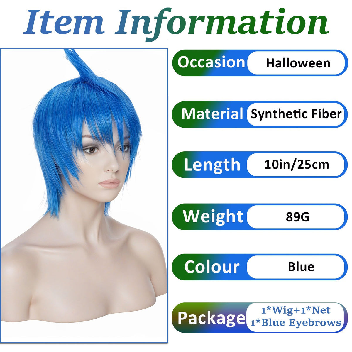 Blue Anime Cosplay Wig Set with Cap & Eyelashes - Short Spiky Style