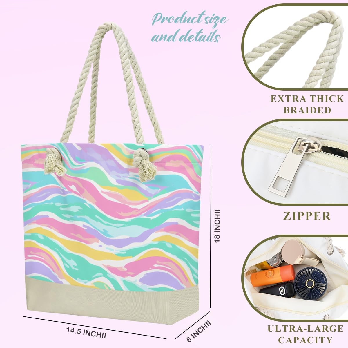 Waterproof Beach Tote Bag & Cosmetic Wet Bag Set - Colorful Wavy Design