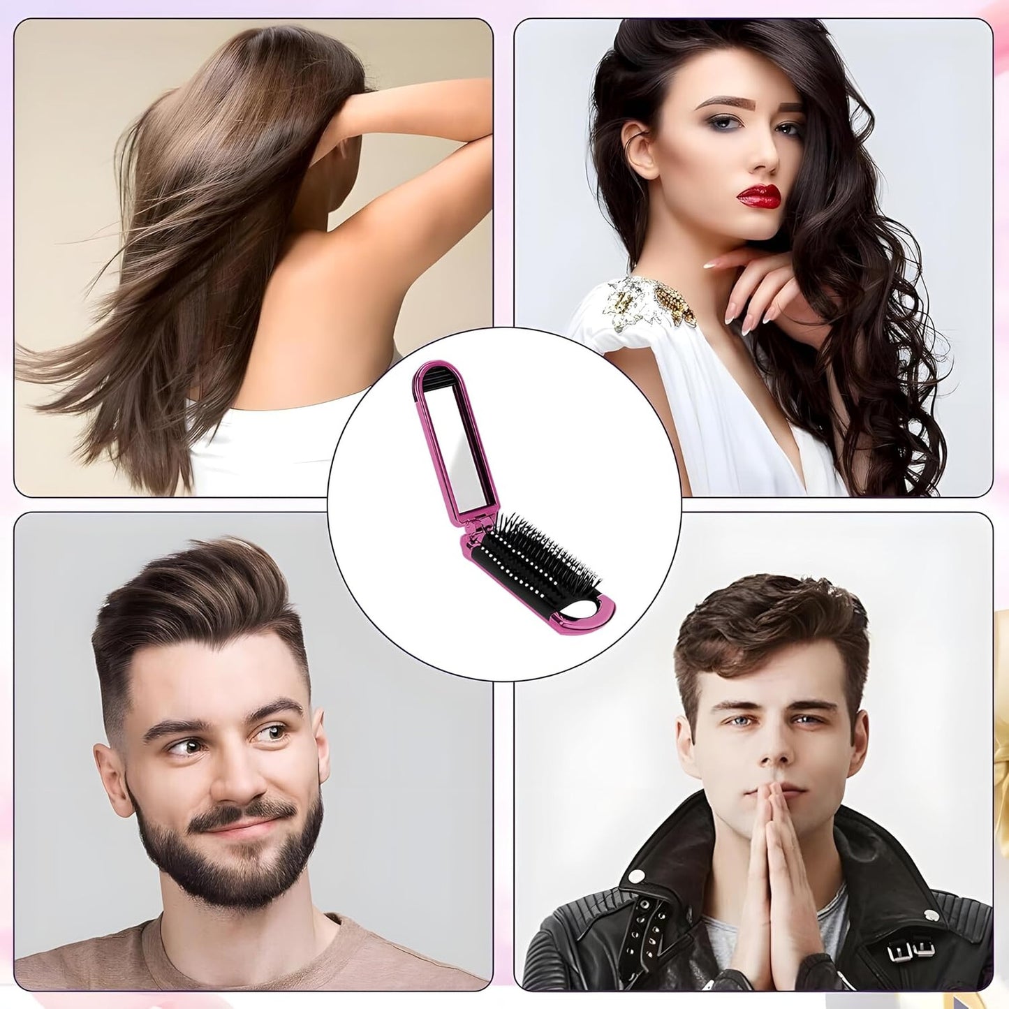 Travel Folding Hair Brush with Mirror - Compact Styling Brush Set