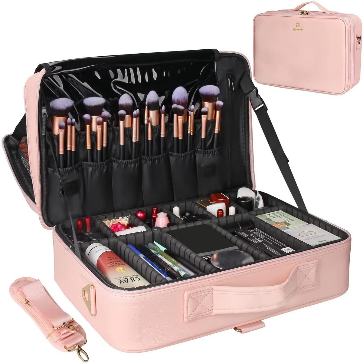 Large Travel Makeup Case with Adjustable Dividers & Shoulder Strap