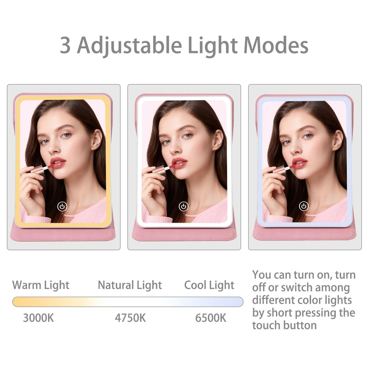 Travel Mirror with LED Lights, Dimmable & Rechargeable, Pink