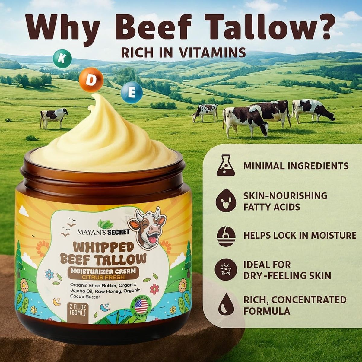Whipped Beef Tallow Moisturizer – Grass Fed with Honey & Cocoa Butter