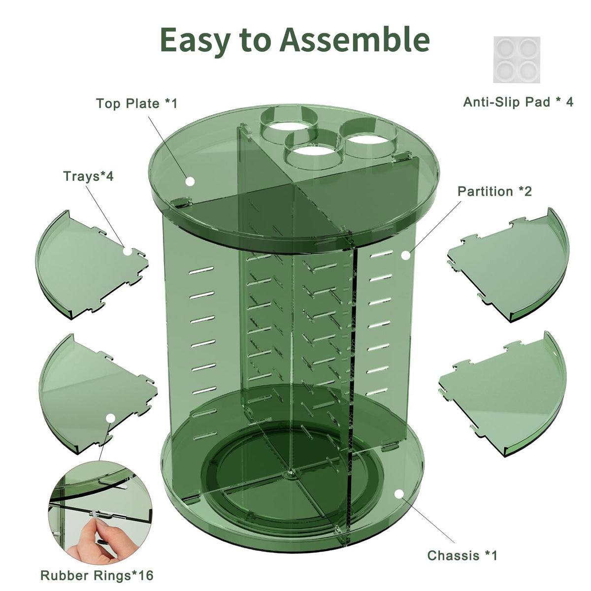 Rotating Makeup Organizer with Adjustable Layers - Clear Green, 360° Silent Spin