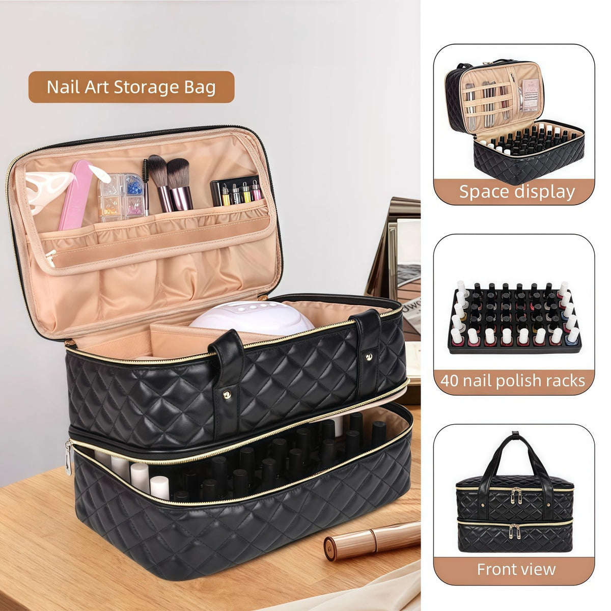 Nail Polish Organizer Case Holds 40 Bottles with Lamp Storage - Pink