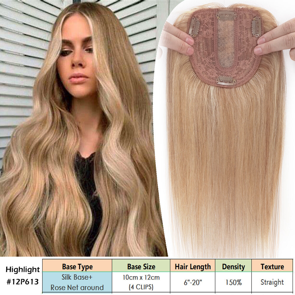 Clip-In Human Hair Topper with Silk Base for Women - Natural Look & Various Sizes