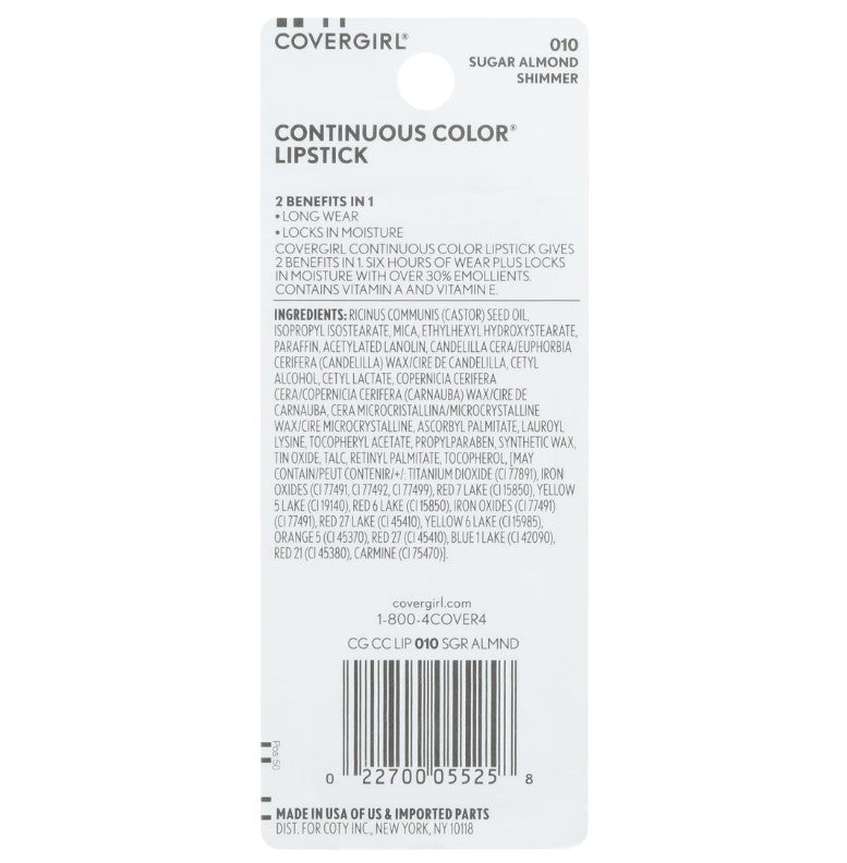 CoverGirl Continuous Color Lipstick Sugar Almond 0.13 oz - Pack of 2