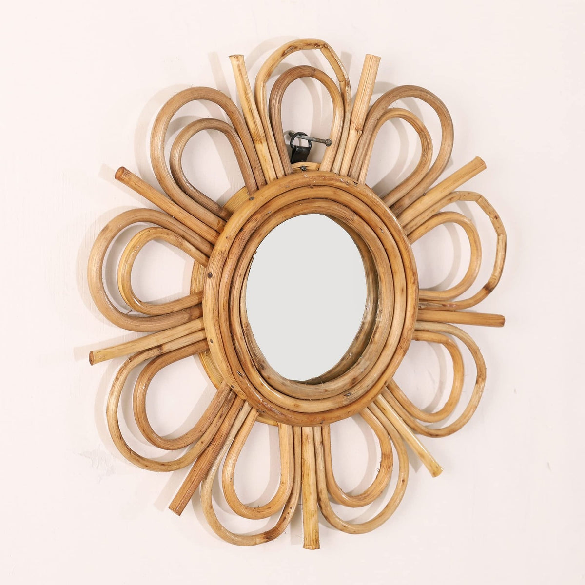 Flower Mirror - Rustic 10 Inch Round Wall Decor with Rattan Frame