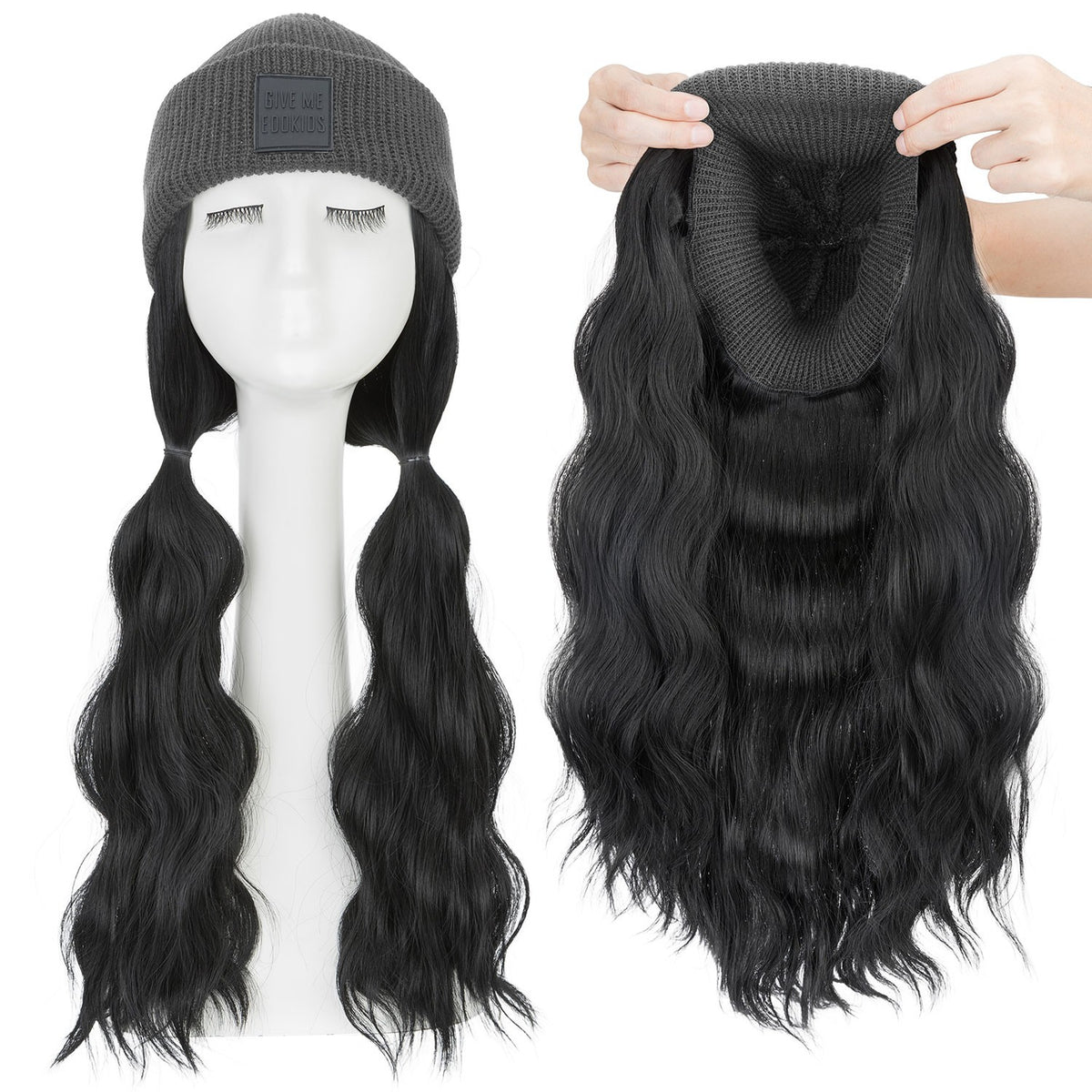 Winter Knitted Beanie Wig with Long Wavy Synthetic Hair - One Size Fits All