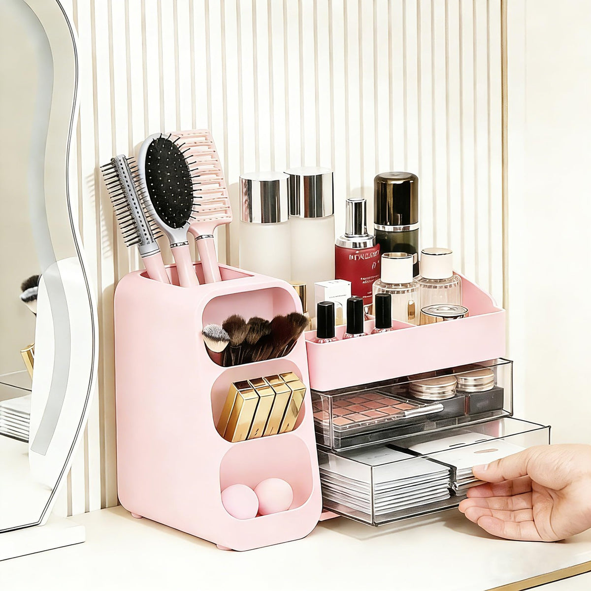 Pink Cosmetic Organizer with Drawers & Brush Holders for Makeup Vanity