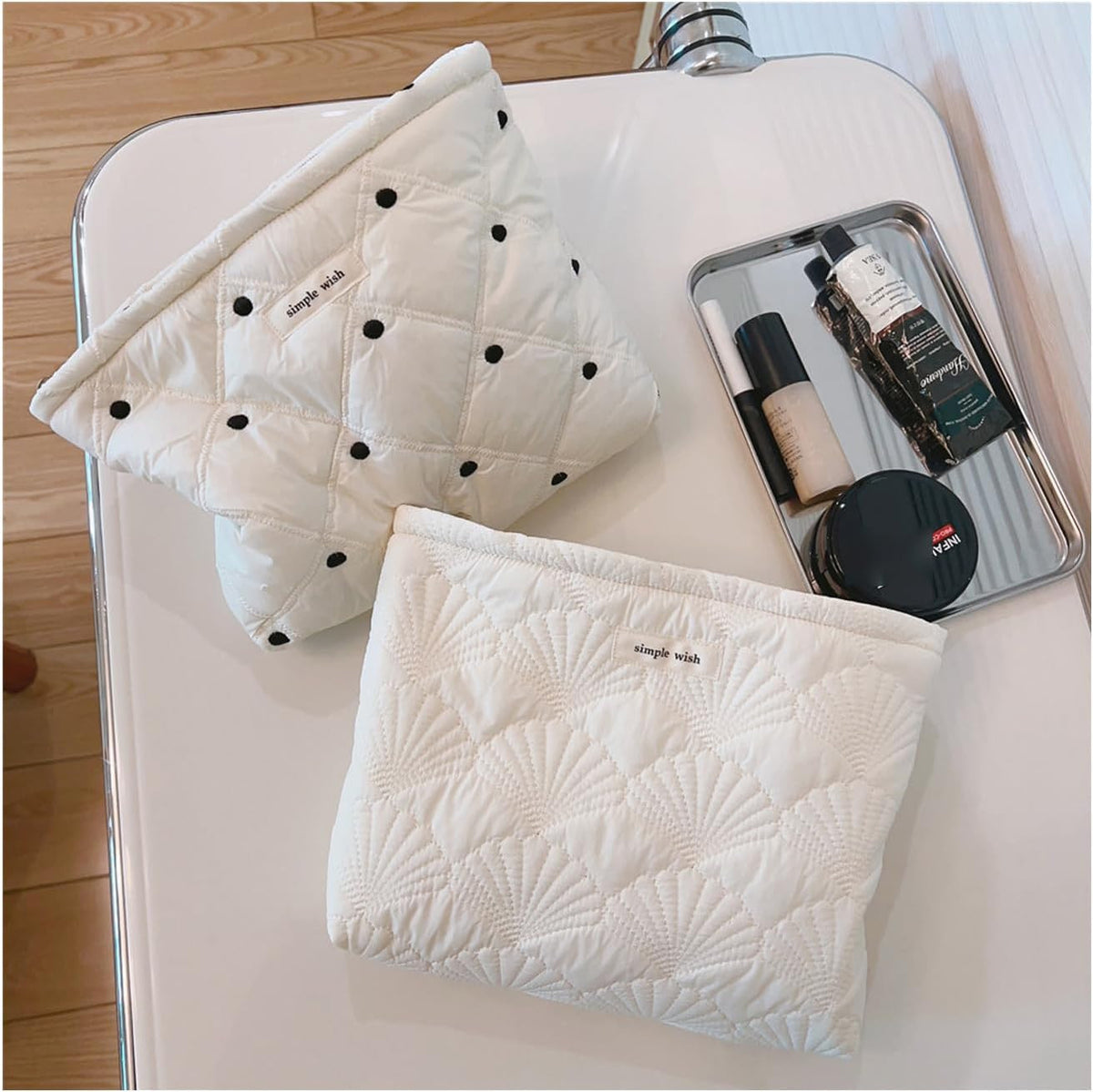 White Quilted Cotton Makeup Pouch – Coquette Travel Toiletry Bag for Women