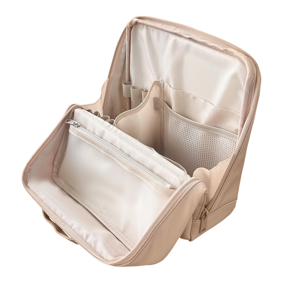 Large Stand-Up PU Cosmetic Bag with Multi-Layered Interior & Handle