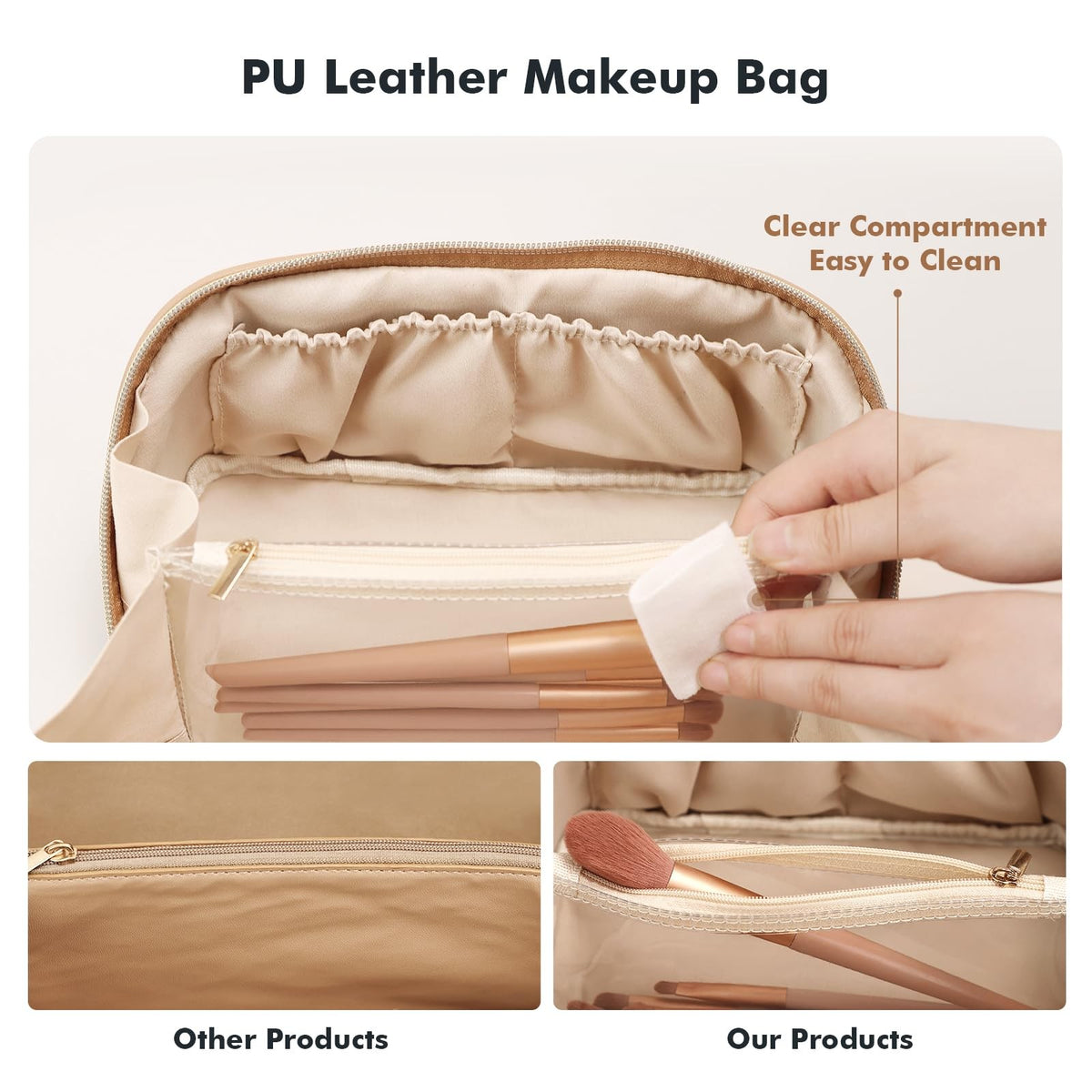 Waterproof Vegan Leather Makeup Bag for Women Travel Medium Beige