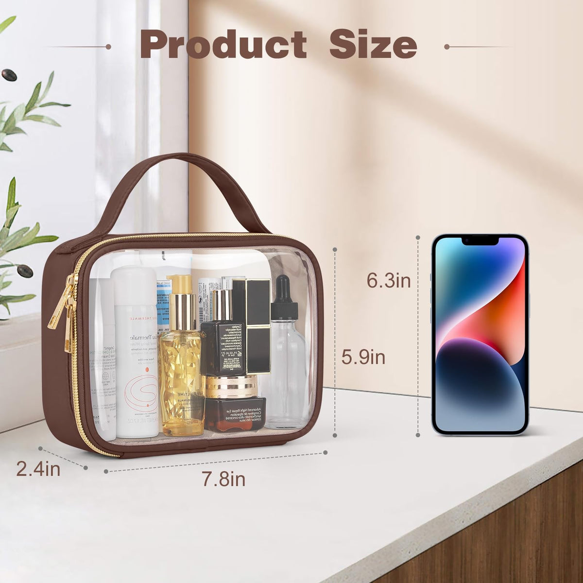 3 Pack TSA Approved Clear PVC Toiletry Makeup Bags with Handles - Quart Size Brown