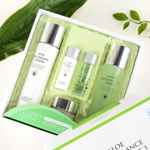 Jigott Aloe Aqua Balance Skin Care Set - Toner, Emulsion, Cream for Moisture & Soothing