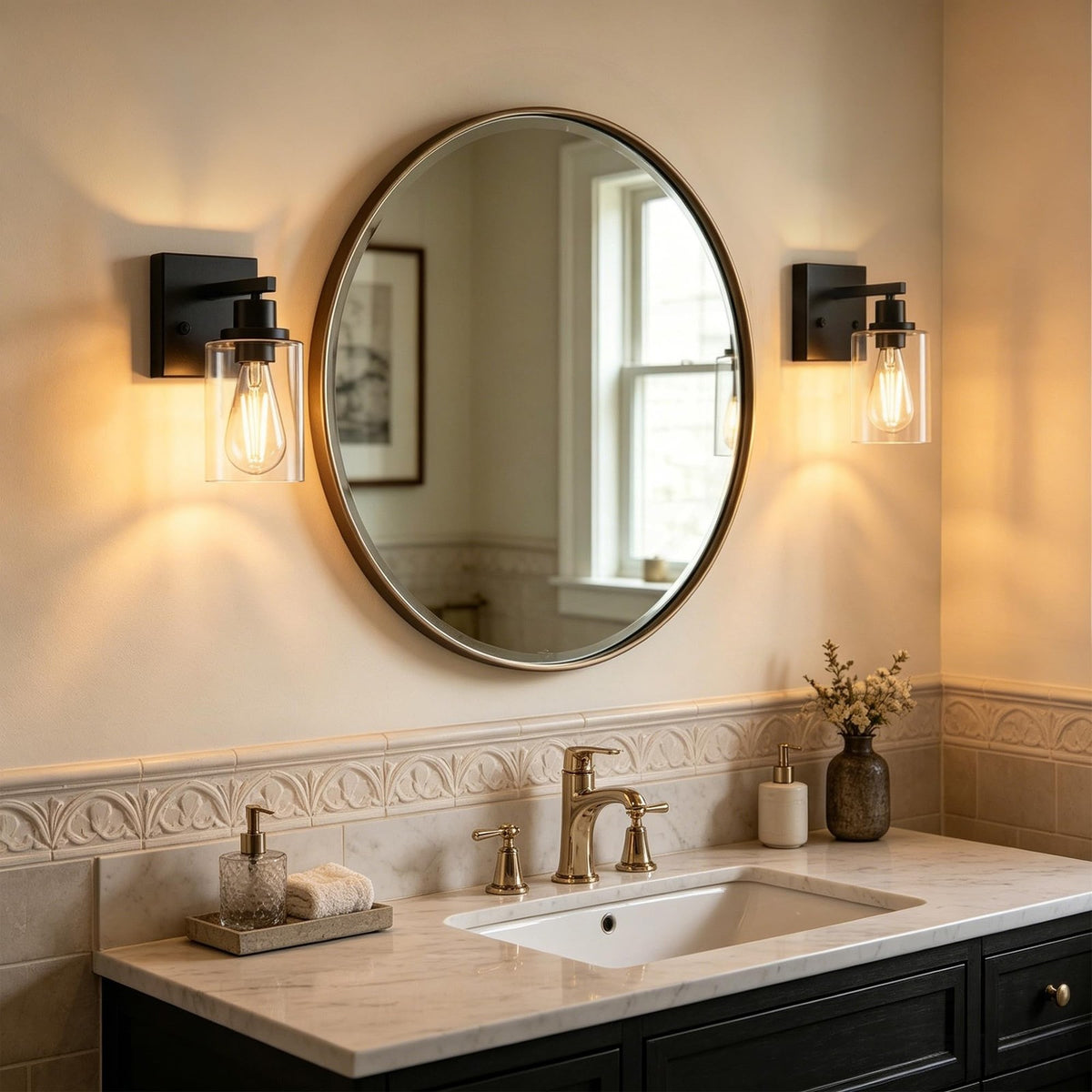 Set of 2 Matte Black Wall Sconces for Bathroom and Living Room - Modern Farmhouse Style