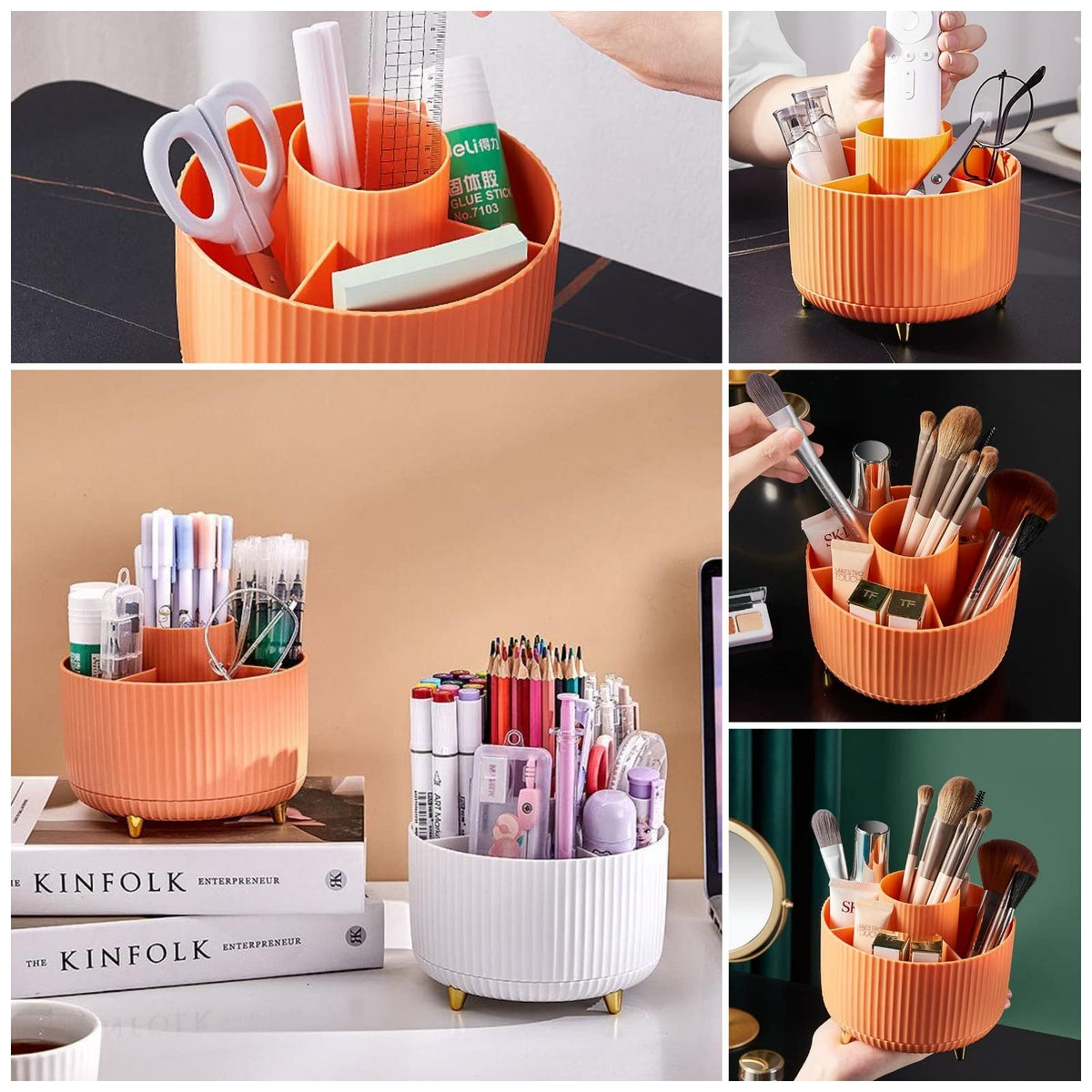 Large Capacity 360° Rotating Makeup Brush Organizer with 5 Slots - White Vanity Storage