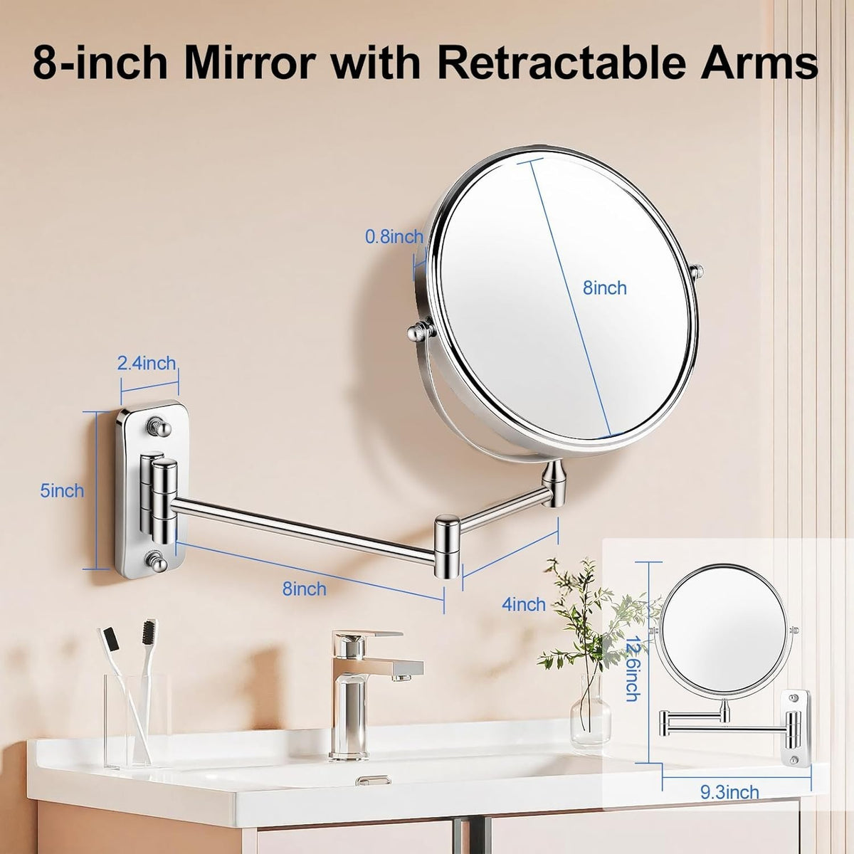 Wall Mount 10X Magnifying Makeup Mirror with 360° Rotation and Telescoping Arm