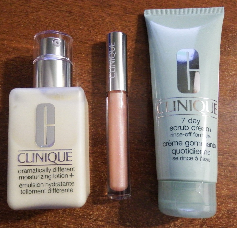 Clinique Skincare & Lip Gloss Set - Lotion, Scrub & Lip Gloss