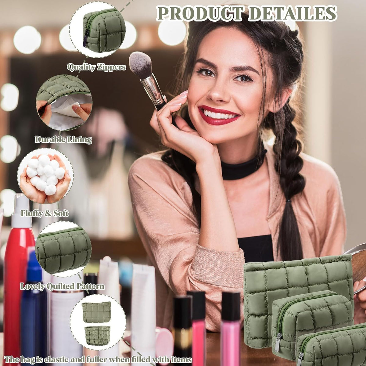 3-Piece Quilted Makeup Bag Set for Women - Travel Cosmetic Pouches with Soft Fabric