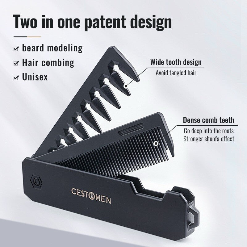 2-in-1 Foldable Anti-Static Beard and Hair Travel Comb - Durable Pocket Brush
