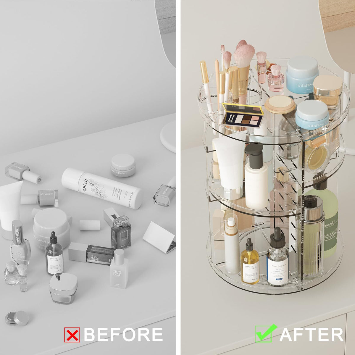 360 Degree Rotating Makeup Organizer with Adjustable Heights and Multiple Compartments