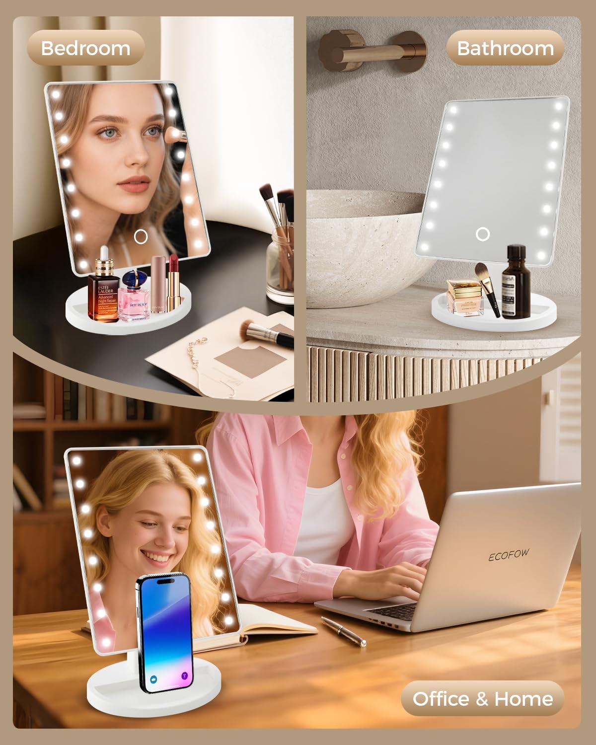 Dimmable Lighted Makeup Vanity Mirror with Dual Power USB & Batteries
