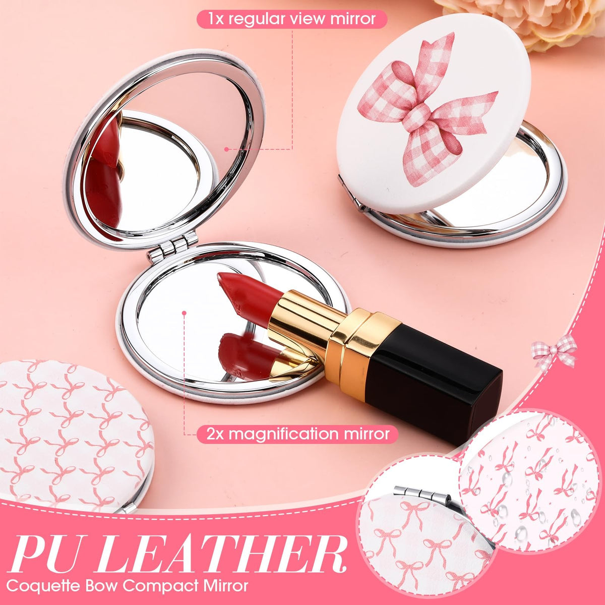 6 Pack Pink Bow Compact Mirrors - Double Sided Makeup & Travel Mirrors