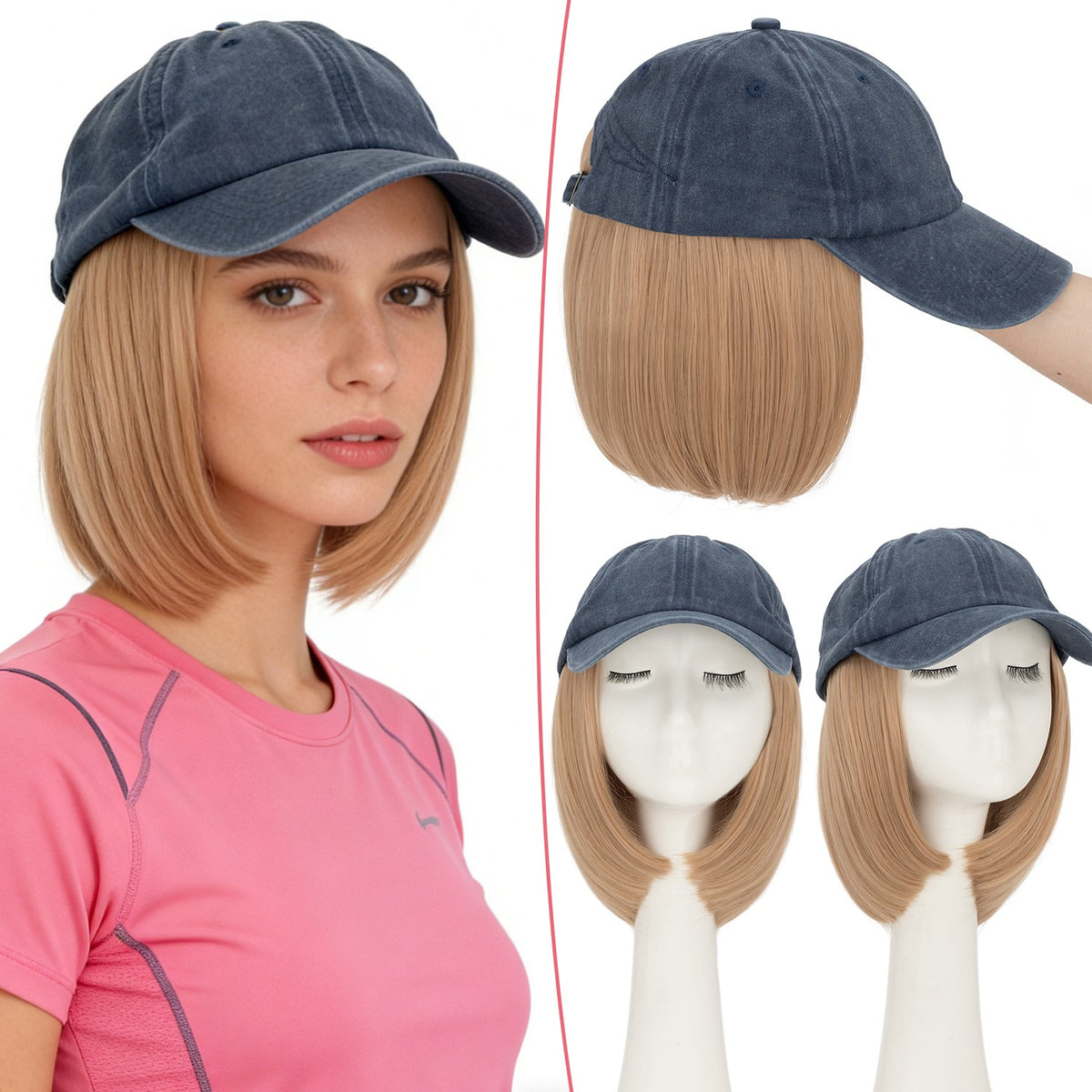 6-Inch Baseball Cap with Detachable Straight Wig for Women, Sun Hat, Cosplay